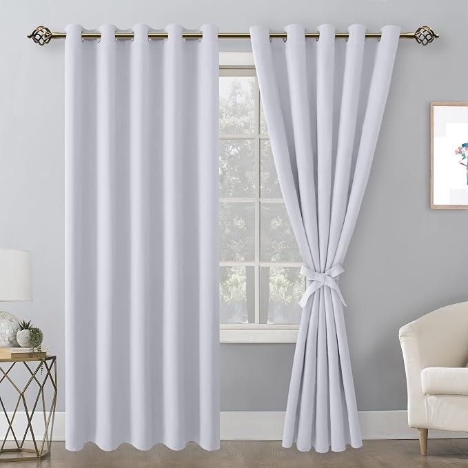 Hiasan Blackout Curtains for Bedroom, 60 x 84 Inches Long - Thermal Insulated & Energy Saving Window Curtains for Living Room, 2 Drape Panels Sewn with Tiebacks, Greyish White