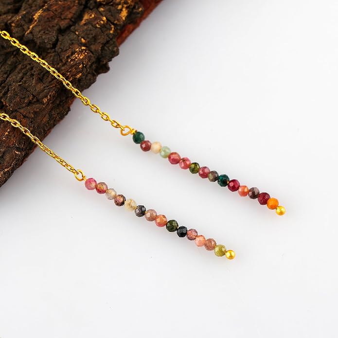 Natural Gemstone Threader Earrings for Women - Dainty 2mm Faceted Beads - Birthstone Crystal Drop Earrings - Silver Plated Healing Jewelry