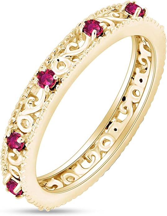 Jewel Zone US Filigree Eternity Wedding Band Ring for Women, Round Cut Simulated Gemstone Stackable Promise Ring in 14K Gold Plated 925 Sterling Silver Band Width 3.5mm – Elegant Jewelry for Her
