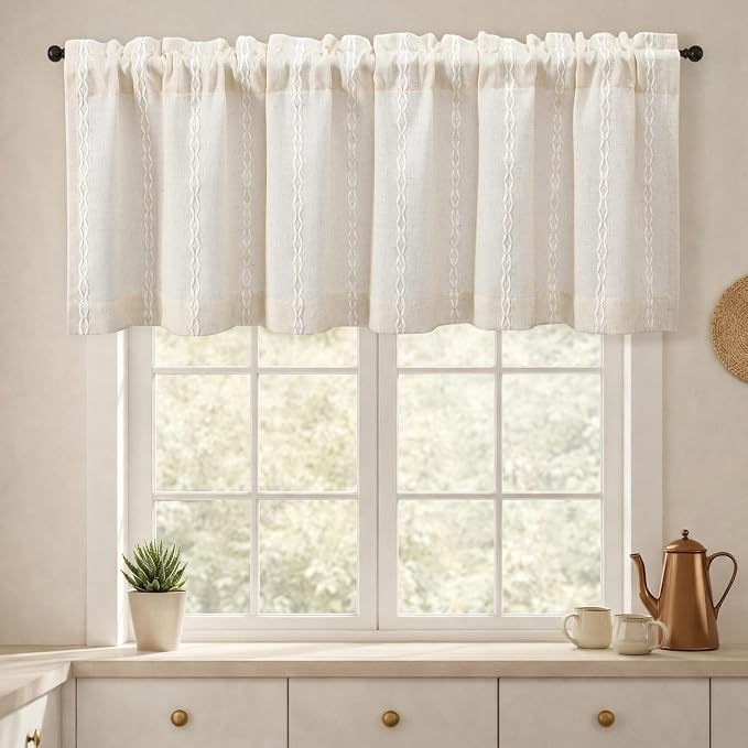 Boho Kitchen Valance for Windows, Beige Linen Blend Textured Fabric with Cotton Embroidery Vintage Western Rustic Style Light Filtering Rod Pocket Window Treatment, 52 x 18 Inch, 1 Panel