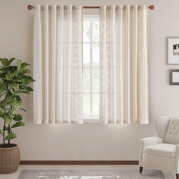 jinchan Floral Linen Curtains 72 Inch Farmhouse Back Tab 2 Panels Ivory | Embroidered curtains,boho curtains,living room,bedroom,light filtering,privacy,flower patterned drapes,window treatment