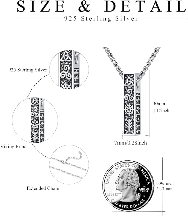Viking Necklace for Men 925 Sterling Silver Rune Amulet Pendant Nordic Necklace Viking Jewelry Gift for Father Husband Son