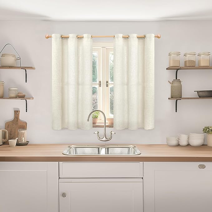 YoungsTex Beige Linen Kitchen Window Curtains, Short Light Filtering Drapes with Grommet Rustic Style for Cafe Bathroom Windows, 42 X 40 Inch, 2 Panels
