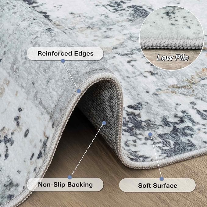 5x7 Area Rugs Living Room Rug Modern Abstract Neutral Washable Rugs Non Slip Soft Carpet Large Area Rug Low Pile Stain Resistant Non Shedding for Bedroom Nursery Dining Room Home Office Blue Grey