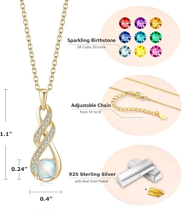 Birthstone Necklaces for Women 925 Sterling Silver Infinity Pendant Created Gemstone Jewelry for Her, 16"+2"