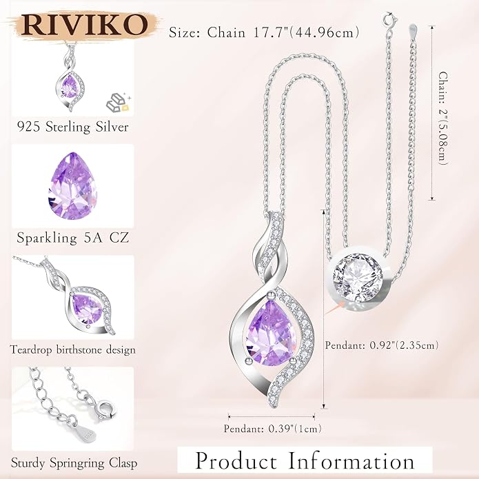 RIVIKO Valentines Day Gifts for Her-Infinity Birthstone Necklace for Women,925 Sterling Silver Teardrop Necklace, Womens Jewelry Birthday Gifts for Women Friend Her Mom Wife Lady