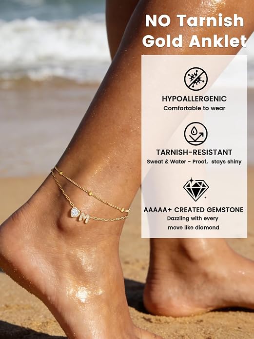 Bestyle Initial Anklet Bracelets for Women Waterproof Non Tarnish 14K Gold/White Gold Plated CZ Anklets for Women Dainty Layered Letter Heart Ankle Bracelets Adjustable Foot Chain Anklet