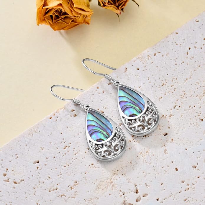 VONALA Abalone Shell Filigree Earrings 925 Sterling Silver Half Butterfly/Dragonfly Teardrop/Long/Vintage Abalone Shell Drop Dangling Earrings Bohemian Jewelry Gifts for Women