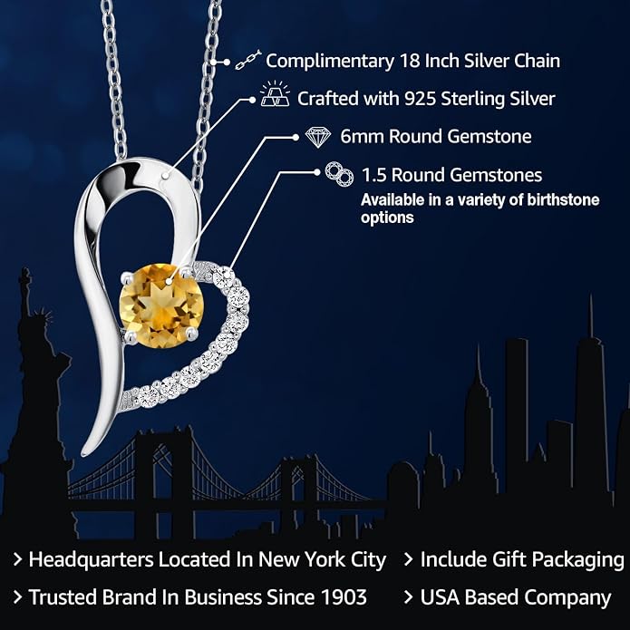 Gem Stone King Heart Shape Pendant Necklace For Women | 925 Sterling Silver | 6MM Round Gemstone Birthstone | Heart Necklace For Women | With 18 Inch Silver Chain