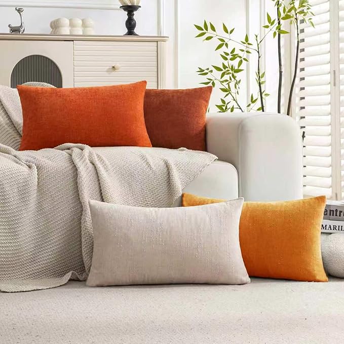 Set of 4 Soft Textured Decorative Throw Pillow Covers 12x20 Inch Cozy Farmhouse Cushion Cover Square Accent Pillow Cases for Bed Couch Sofa Living Room, Beige Rust Orange