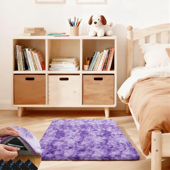 2x3 Rugs for Bedroom, Fluffy Area Rugs for Living Room, Small Fuzzy Shag Soft Carpet with 4 Non-Slip Adhesive Strips for Kids Boys and Girls Nursery Dorm Home Decor (2ft X 3ft, Tie-Dyed Purple)