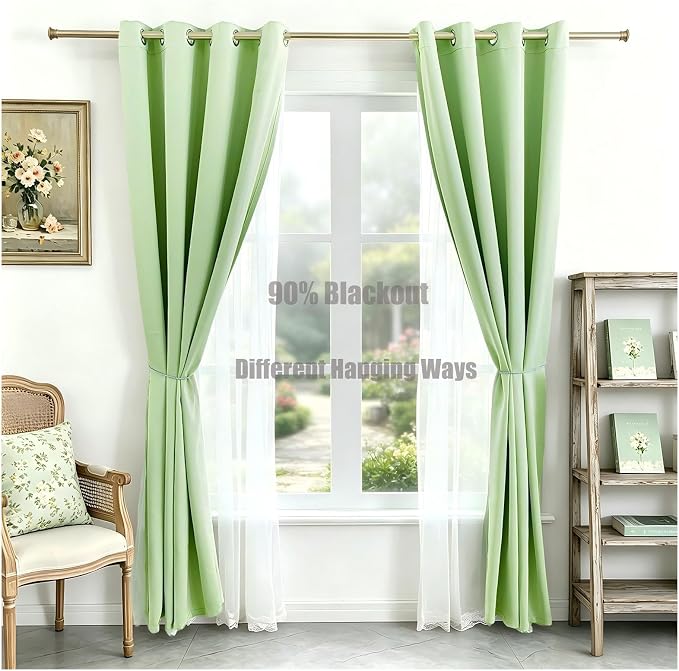 Sage Green Blackout Curtains - 2 PCs Double Layer Blackout Curtains, Sheer Voile with Lace Hems, Light Block Panels Mix & Match Window Decor for Bedroom,Dining Room, Kids Room, 52"x84"
