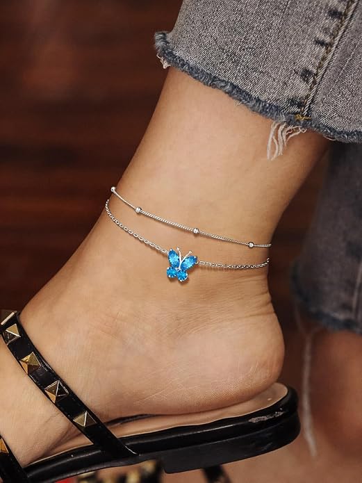 Richsteel Double Layer Heart/Butterfly Birthstone Anklet for Women Non Tarnish Waterproof, Silver/Gold/Black Stainless Steel 8.5-10.5 Inch Adjustable Chain Anklets Jewelry Gifts for Her