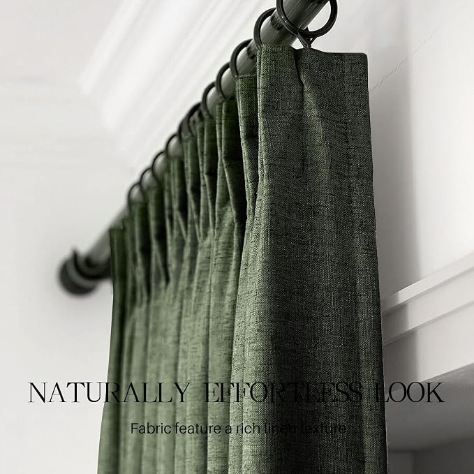 Pinch Pleated Curtains 100% Blackout Linen Curtains 102 Inches Long for Bedroom Living Room, Olive Green Memory Trained Thermal Insulated Room Darkening Window Drapes with Hooks 2 Panels 40"Wx102"L