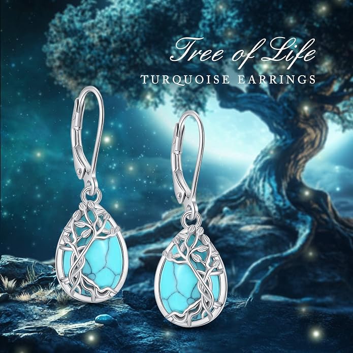 Vito 925 Sterling Silver Teardrop Earrings for Women, Moonstone Turquoise Drop Dangle Earrings Cat Snake Turtle Tree of Life Leverback Earrings Boho Jewelry Gift for Mom Wife