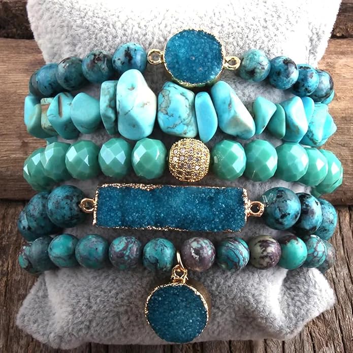 Yomisa 5PCS 6PCS Natural Boho Beaded Bracelets/Bangle for Women Men,Healing Turquoise Jasper Agate Crystal Gemstone Stone Chakra Multilayer Wrap Bohemian Handmade Jewelry Beads Stretch Bracelet Set