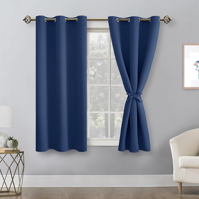 Hiasan Short Blackout Curtains for Bedroom - Thermal Insulated & Energy Saving Window Curtains for Living Room, 2 Drape Panels Sewn with Tiebacks, Navy, 42 x 45 Inch