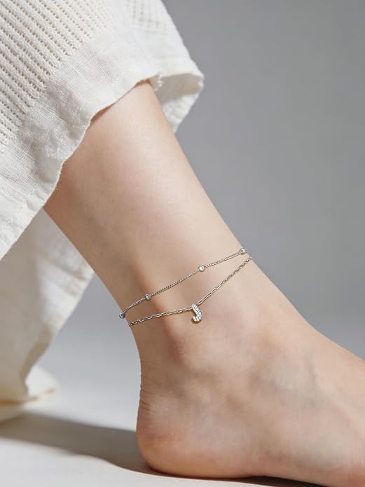 FindChic Silver/14K Gold Plated Layered CZ Initial Ankle Bracelet for Women | Waterproof Stainless Steel, Cubic Zirconia Letter Charm, Non-Tarnish, Hypoallergenic, Adjustable Extender, Summer Jewelry