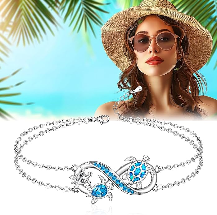 Fenthring Turtle Anklets for Women Turtle Ankle Bracelet Blue Opal Sea Sterling Silver Infinity Wave Ocean Beach Summer Jewelry Mothers Day