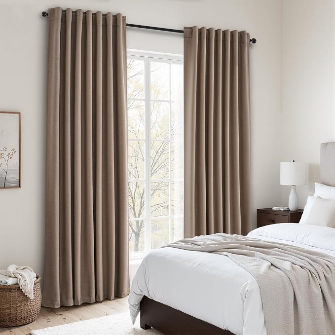 Topfinel 92 inch Long 100% Blackout Drapes 2 Panels Linen Texture Curtains Warm Taupe Window Curtain with Back Tab Rod Pocket Light Blocking Thermal Insulated Panel for Bedroom Living Room Dark Flax