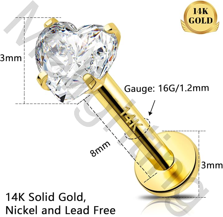 Melighting 14K Solid Gold Cartilage Earring - 16G Gold Heart Flat Back Earring - Star Helix Piercing Jewelry - Internally Threaded Curved CZ - 8mm