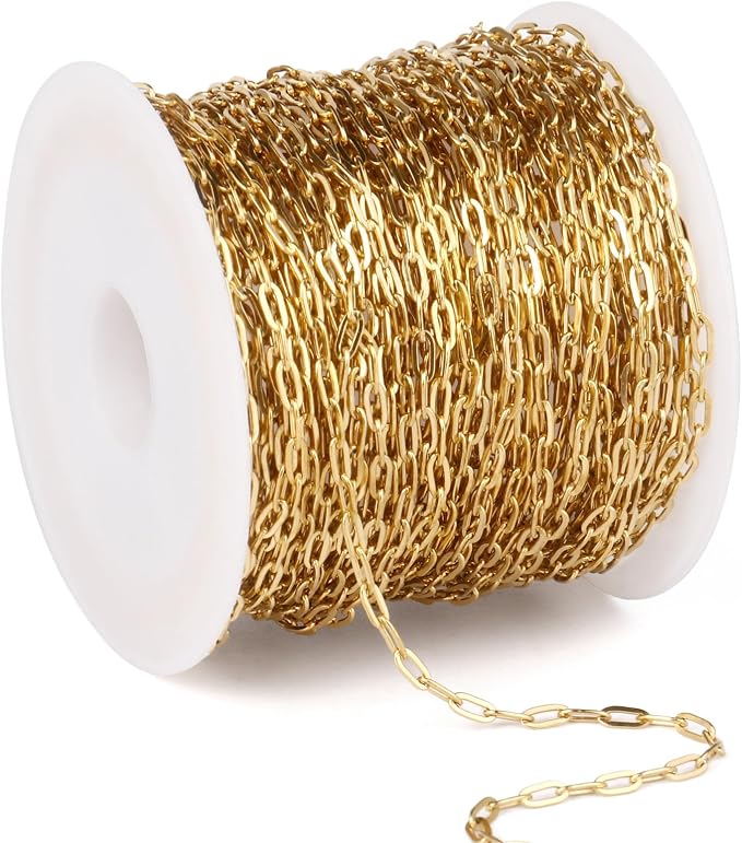 33FT Gold Paperclip Chain Jewelry 2MM 18K Gold PVD Plated Stainless Steel Paperclip Link Chain Roll Bulk for Jewelry Making
