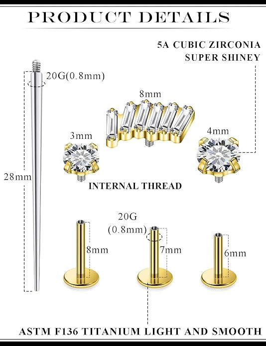 20G 18G 16G Astm F136 Titanium Internal Thread Flat Back Earrings Nose Studs Tragus Forward Helix Conch Cartilage Lobe Earring Stud Medusa Labret Monroe Lip Ring Piercing Jewelry For Women Men