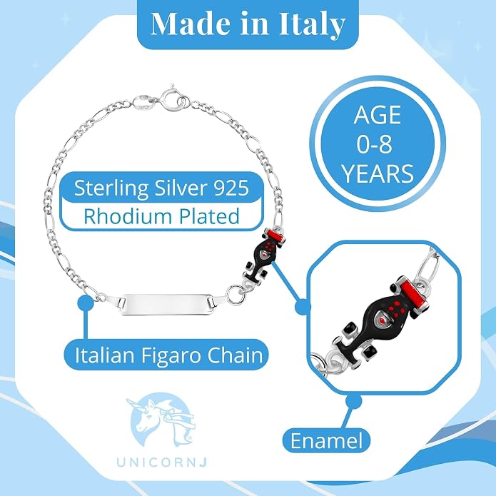 UNICORNJ 925 Italy Sterling Silver Child or Baby Name Bracelet Girls Boys, Personalized Engraved Kids ID Bracelets, 6.5" Figaro Chain, Enamel Charm Newborn Infant Toddler Kid Jewelry