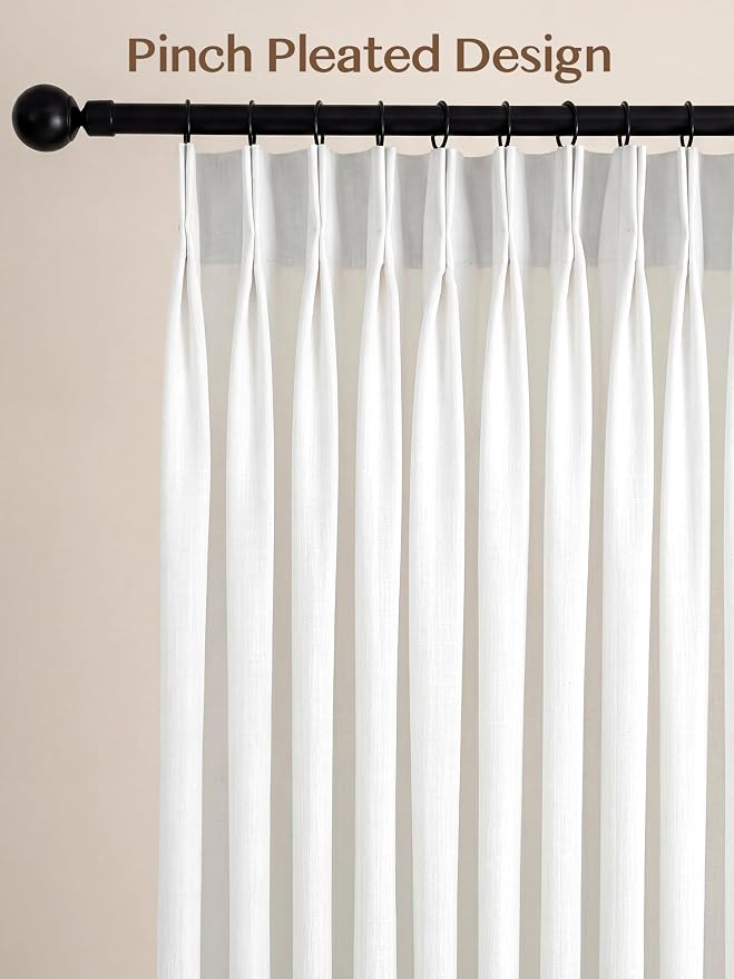 THREE GIRLS Liz Pinch Pleated Linen Curtains for Living Room, Light Filtering Curtains 102 Inches Long, Farmhouse Window Curtains for Bedroom, Modern Drapes with Hooks and Rings, White, 2 Panels Set