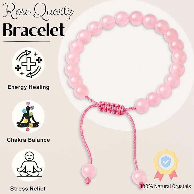 Amazing Gemstone Rose Quartz Bracelet, Gifts for Men & Women - Protection Healing Crystal Bracelet - 8mm Gemstone Beaded Adjustable Bracelet, Pulseras para Hombres Mujer Stocking Stuffers