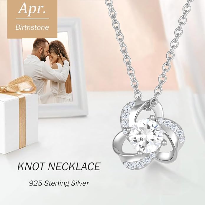 18K Gold Plated Love Knot Necklace for Women, 925 Sterling Silver Round cut Birthstone Pendant Necklace With Chain Lucky Flower Jewelry Gift