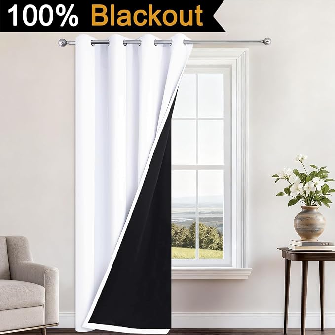 Yakamok Pure White 100% Blackout Curtains 84 Inches Long 52" Wide 1 Panel | Blackout Curtain Panels for Bedroom, 2 Thick Layers Grommet Top Thermal Insulated Drapes with Black Liner for Living Room