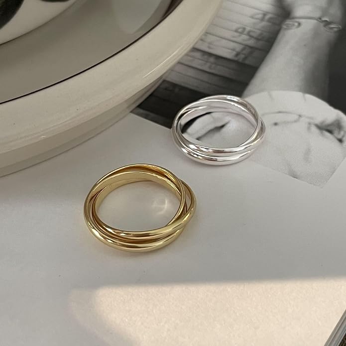 14K Gold Plated Interlocking Fidget Anxiety Ring 925 Sterling Silver Stackble Rings for Women Men Rolling Triple Spinner Ring Minimalist Trendy Knuckle Rings Jewelry Birthday Graduation Gifts