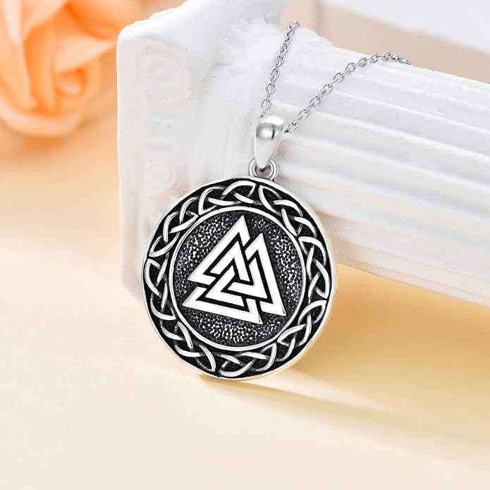 Valknut Viking Necklace 925 Sterling Silver Odin Knot Pendant Necklace Celtic Nordic Pagan Jewelry Gifts for Men Women 18+2"