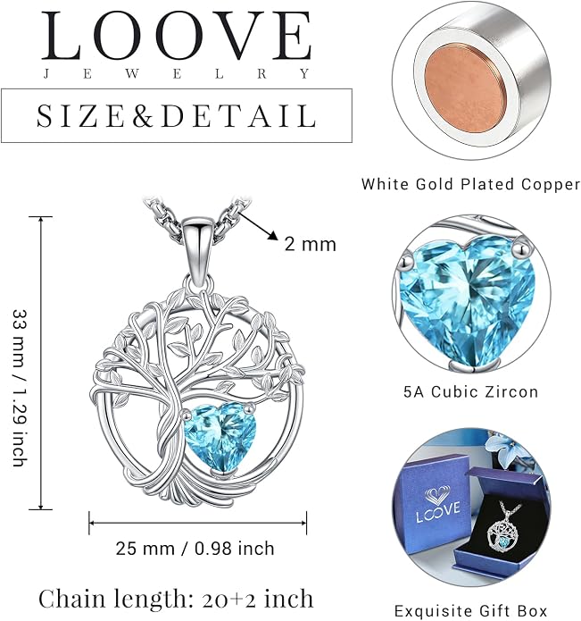 Birthstone Tree of Life Necklace for Women Heart Crystal Pendant Silver Plated Birthday Anniversary Jewelry for Wife, Mom, and Her