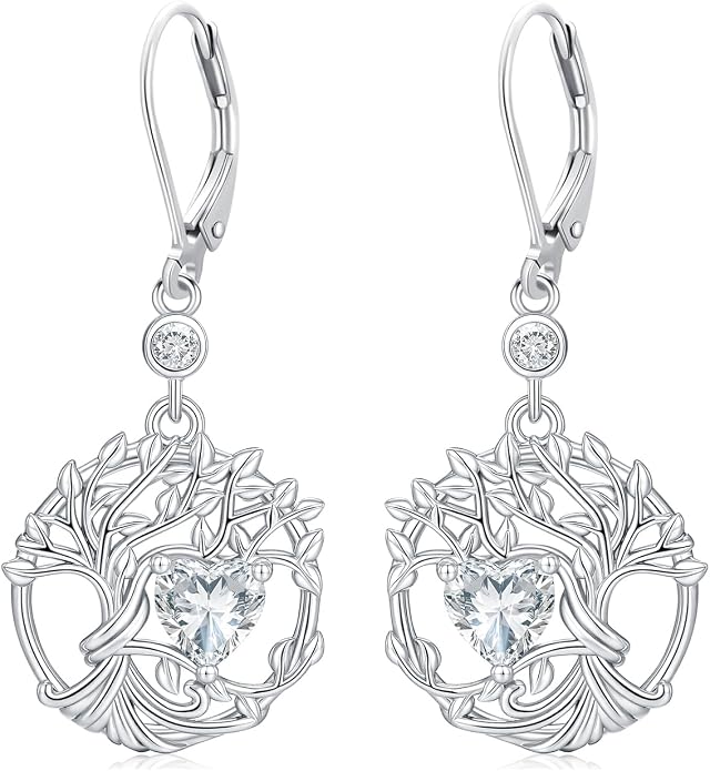 Odinstone 925 Sterling Silver Earrings Tree of Life Teardrop Moonstone Dangle Drop Leverback Earrings for Women
