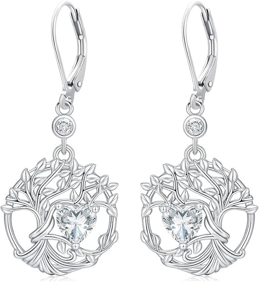 Odinstone 925 Sterling Silver Earrings Tree of Life Teardrop Moonstone Dangle Drop Leverback Earrings for Women