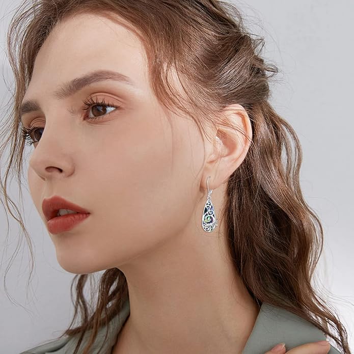 CRMAD Hummingbird/Bee/Leaves/Sunflower/Daisy/Dragonfly/Rose/Lotus Flower Sterling Silver Filigree Teardrop Earrings Abalone Shell Jewelry for Women