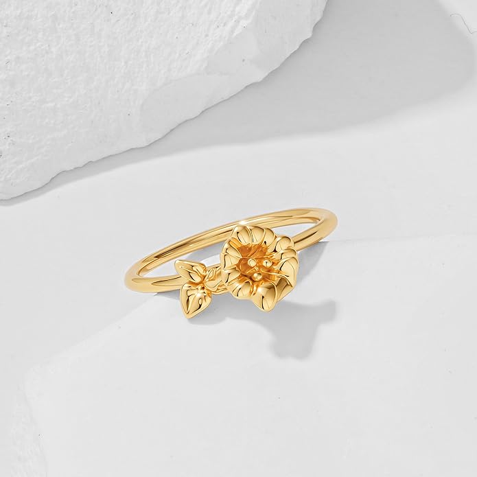 Birth Flower Ring for Women 14K Gold Plated Floral Minimalist Stackable Finger Jewelry Birthday Gifts