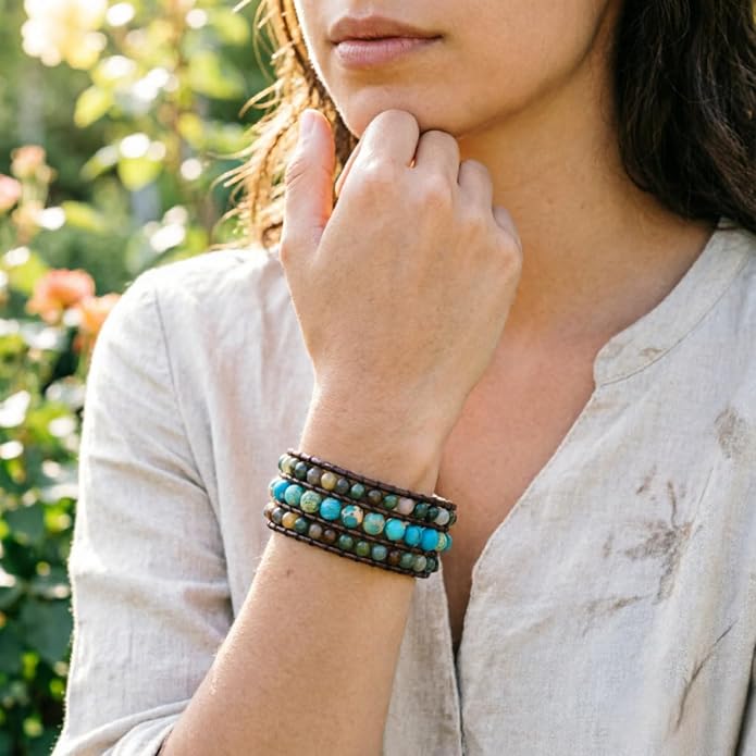 YGLINE Boho Handmade Natural Stone Bead 3 Row Wide Wrap Wrist Statment Bracelet Jewelry Collection