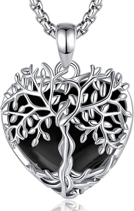 Vito Tree of Life Necklace for Women Men, Silver Plated Copper Teardrop Moonstone/Obsidian/Turquoise/Amethyst/Malachite Crystal Tree Necklace Protection Energy Amulet Jewelry Gift for Mom Wife, 20+2"