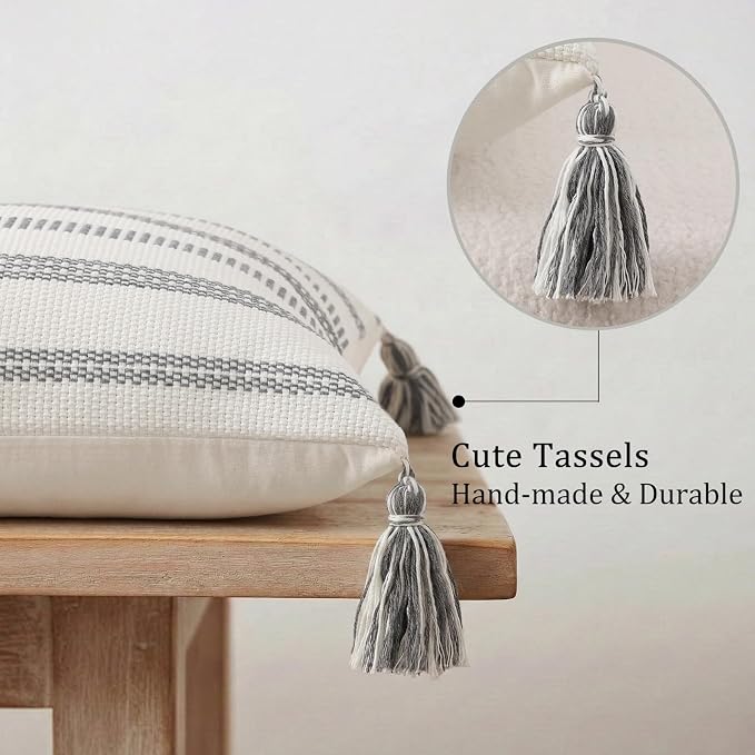 Smile Bee Boho Outdoor Couch Throw Pillow Covers Set of 2 Decorative Thick Woven Striped Accent Neutral Pillow Covers with Tassels for Bed Sofa Home Decor 20x20 Inch, Grey and Cream White | Woven Cozy Boho Decorative Modern Farmhouse Accent Pillow Case...