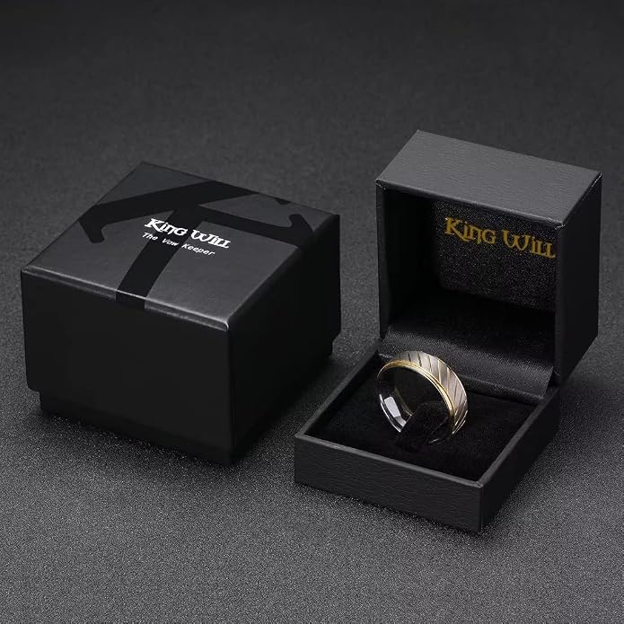 King Will Men's 8mm Tungsten Carbide Wedding Band, Hammered Faceted Diamond Cut Ring with Groove Inlay, Geometric Industrial Engagement Band for Men Women Comfort Fit Size 7-14