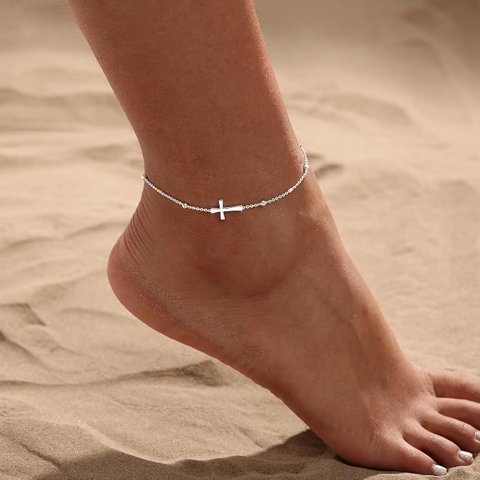 Ankle Bracelets for Women 14K Gold/Silver Plated Cross Heart Bead Anklet Waterproof Adjustable Chain Non Tarnish Cute Boho Trendy Dainty Summer Beach Foot Jewelry Gift for Her