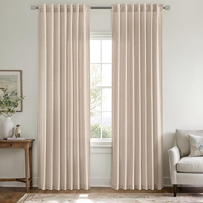 MIULEE Non-See-Through Privacy Linen Curtains 52W x 72L Inch Beige | 2 Panels, Light Filtering, Semi Sheer Window Curtains, Farmhouse Textured, Back Tab Drapes for Bedroom Living Room