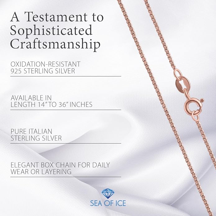 SEA OF ICE Chain Necklace 925 Sterling Silver with Ring Clasp Closure, Italian Box Necklace Chain Necklace for Women & Men, Available in Gold, Rose Gold, Silver, and Black Rhodium, Multisize