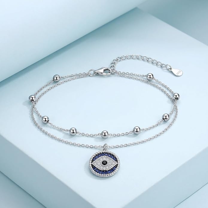 Blue Evil Eye Anklet Greek Evil Eye Anklet Bracelet Adjustable Ojo Turco Kabbalah Amulet Nazar Layered Silver Ankle Bracelets Protection Jewelry Amulet Gift for Wife Mother Sister Birthday