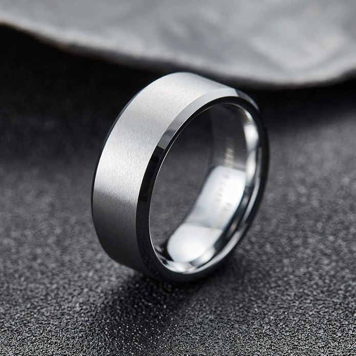 King Will Tungsten Men's Wedding Ring - Available in 6mm to 10mm, Black/Silver, Matte Finish, Beveled Polished Edge, Comfort Fit
