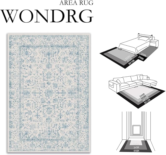 6x9 Blue Neutral Living Room Area Rug | Washable, Low Pile, Accent, Vintage, Soft, Non Slip, Carpet for Bedroom Dining Room Nursery Office Indoor Home Decor