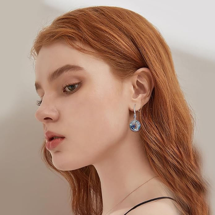 POPLYKE Tree of Life Birthstone Earrings 925 Sterling Silver Dainty Gemstone Birthstone Dangle Drop Earring with Crystal Fine Jewelry Birthday Gifts for Women Her